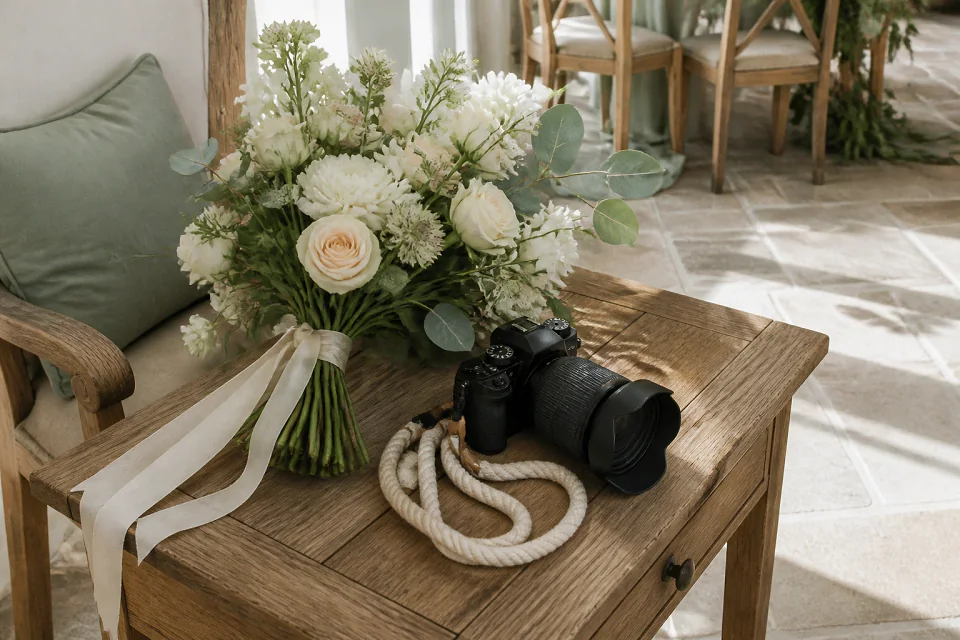 Appareil photo et accessoires de reportage de mariage — illustration générée par IA