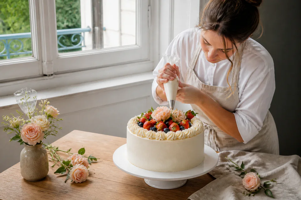 Gâteau de mariage préparé dans un atelier — illustration générée par IA