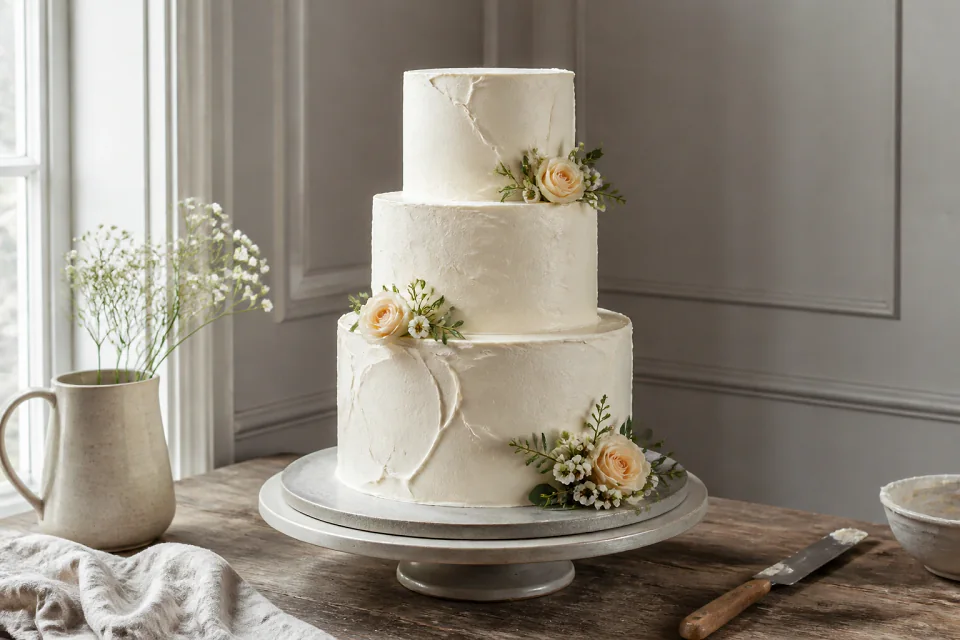 Gâteau de mariage préparé dans un atelier — illustration générée par IA