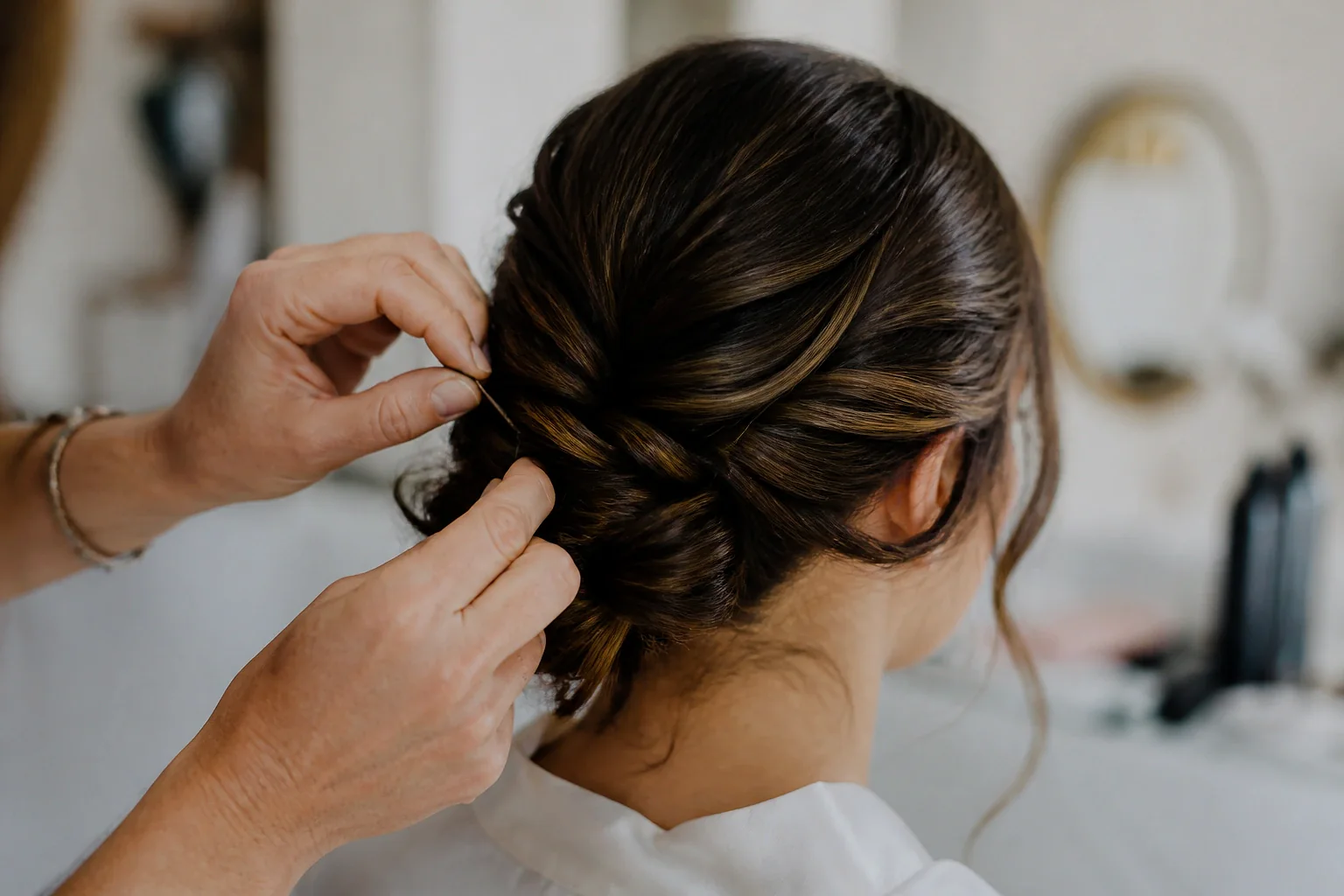 Coiffure de cérémonie vue pendant la préparation — illustration générée par IA