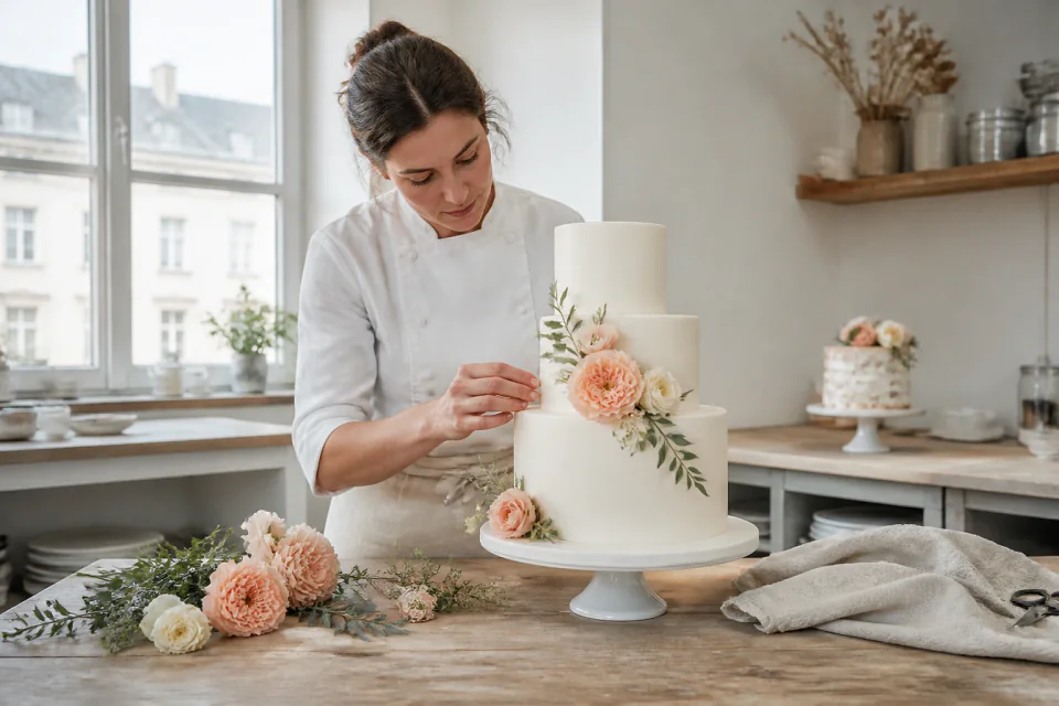 Gâteau de mariage préparé dans un atelier — illustration générée par IA