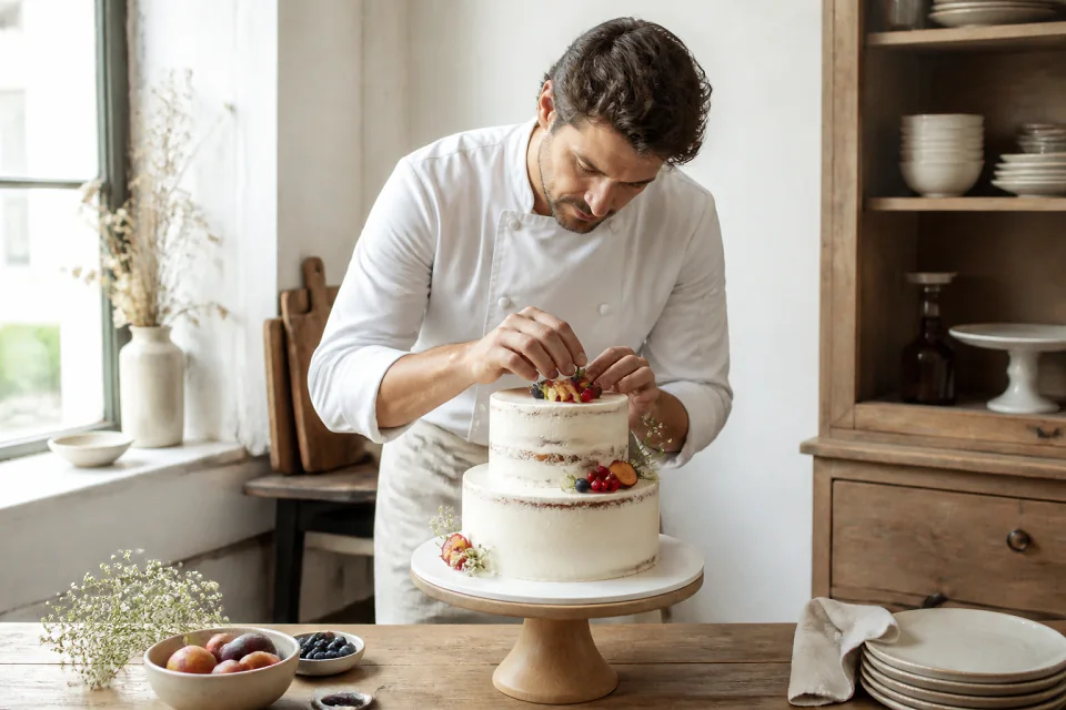 Gâteau de mariage préparé dans un atelier — illustration générée par IA