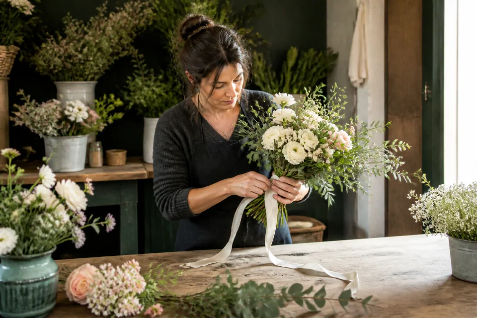 Préparation florale pour un mariage — illustration générée par IA