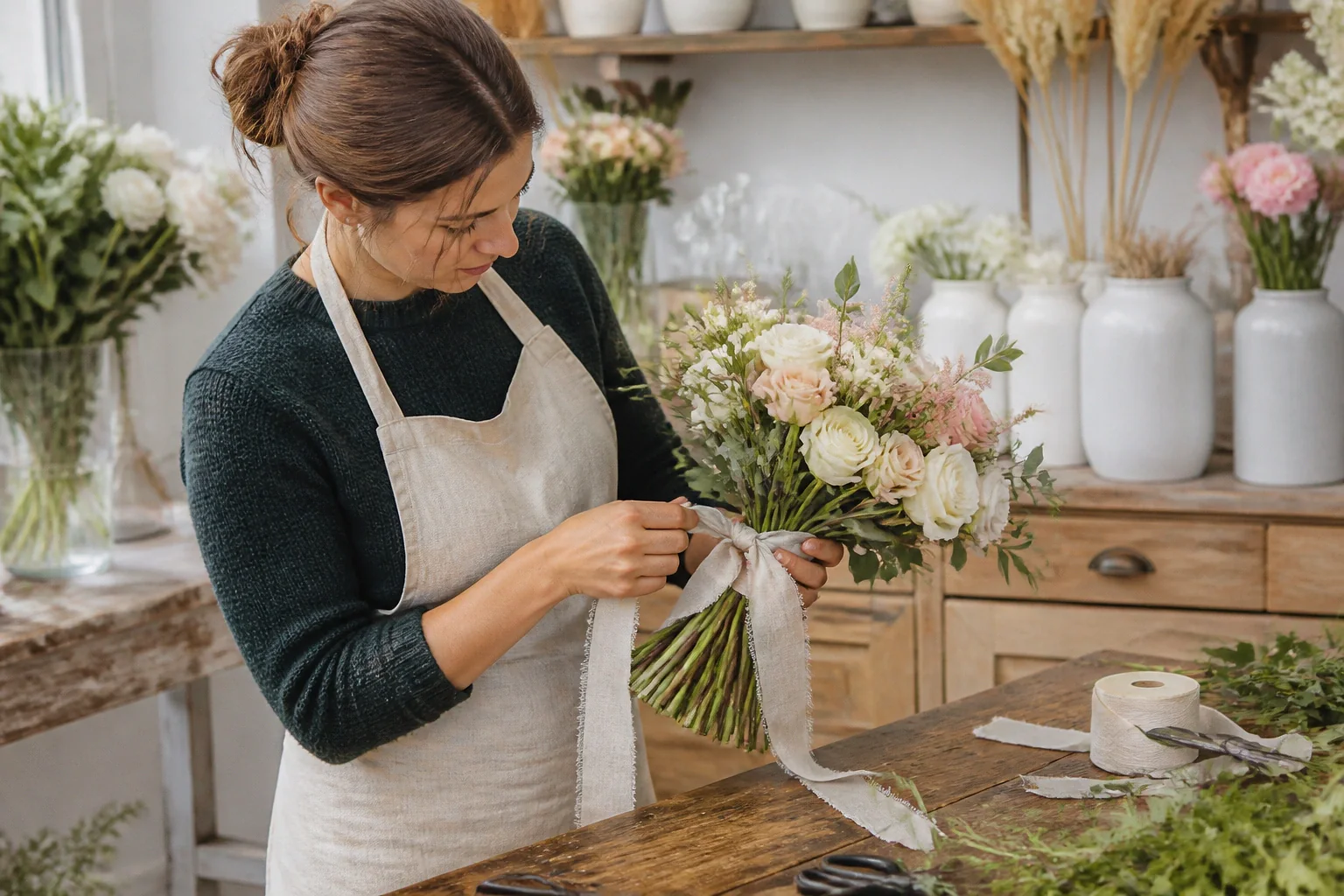 Préparation florale pour un mariage — illustration générée par IA