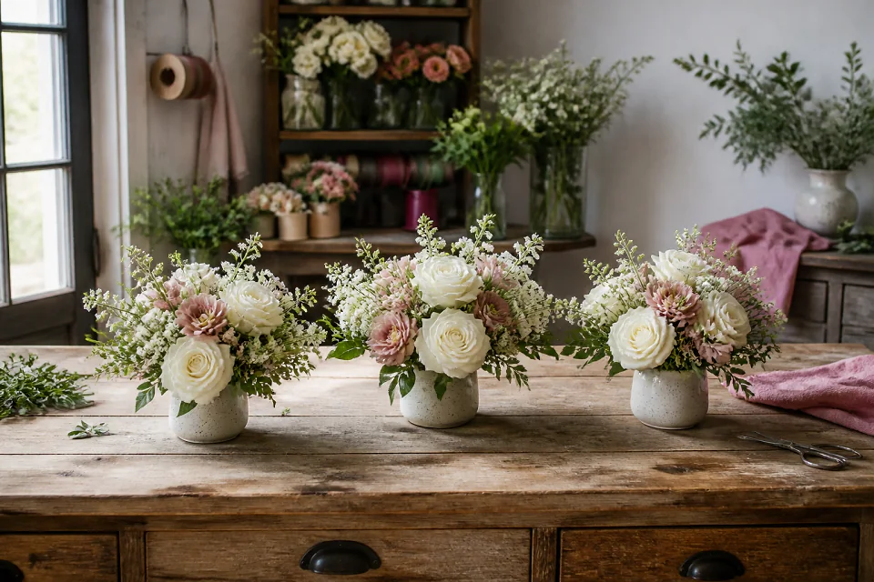 Préparation florale pour un mariage — illustration générée par IA