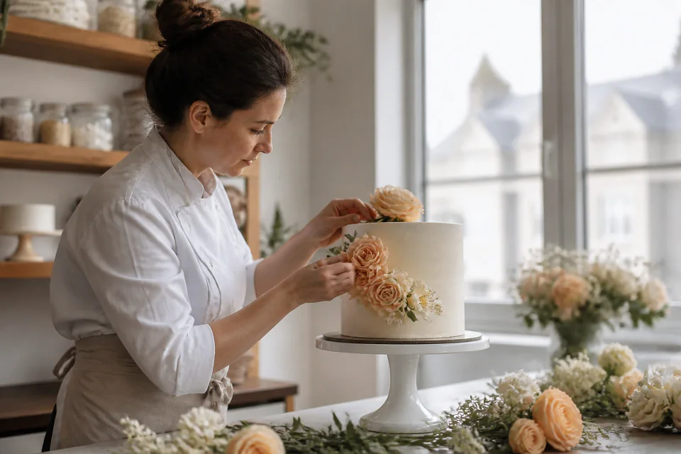 Gâteau de mariage préparé dans un atelier — illustration générée par IA