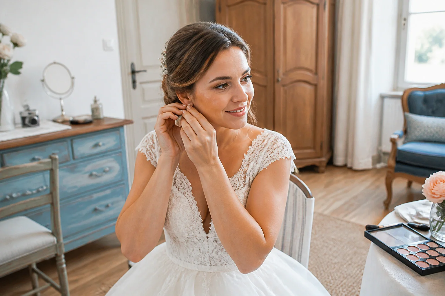 Préparation d’un maquillage de mariage — illustration générée par IA
