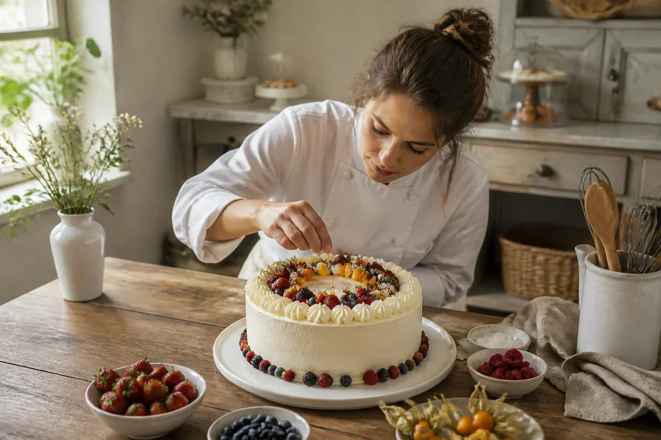 Gâteau de mariage préparé dans un atelier — illustration générée par IA