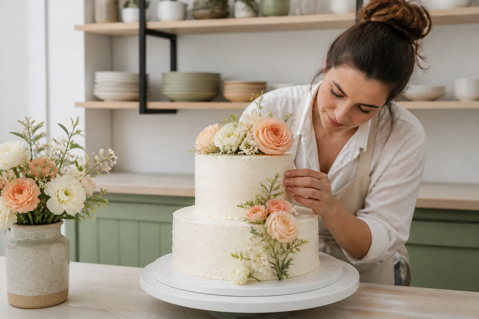 Gâteau de mariage préparé dans un atelier — illustration générée par IA