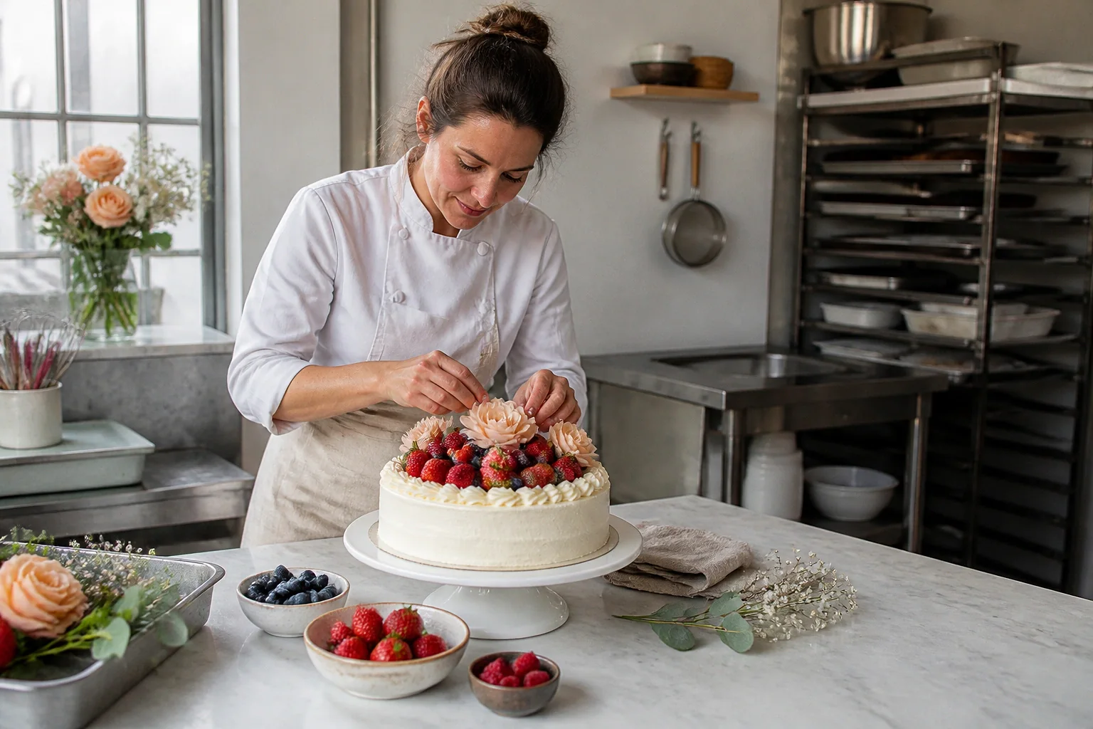 Gâteau de mariage préparé dans un atelier — illustration générée par IA