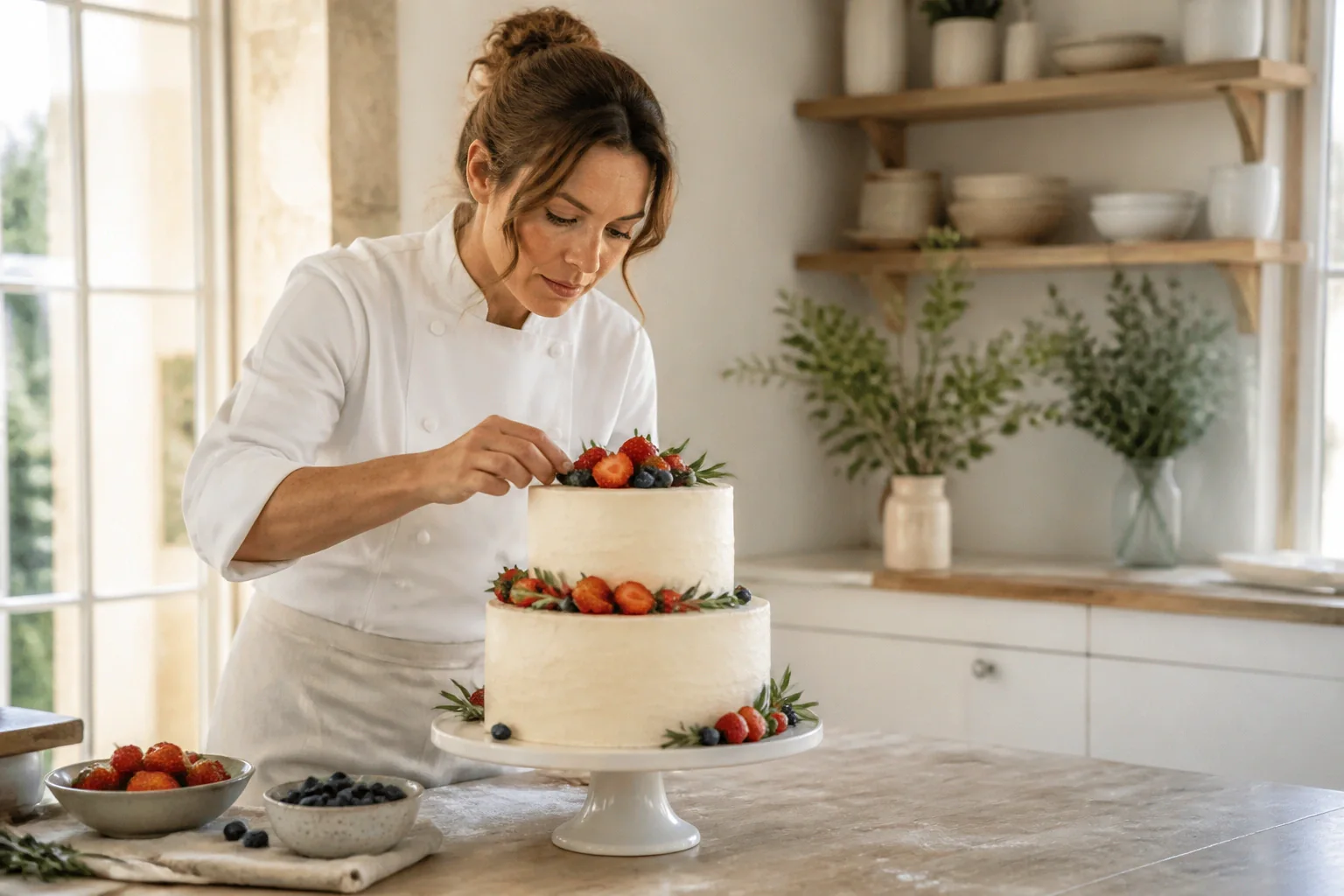 Gâteau de mariage préparé dans un atelier — illustration générée par IA