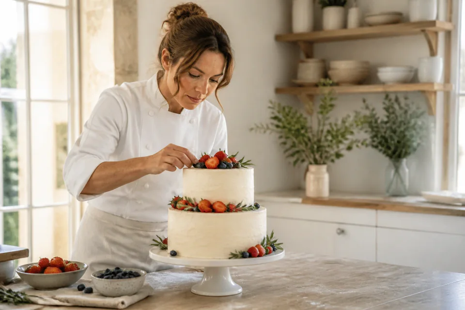 Gâteau de mariage préparé dans un atelier — illustration générée par IA