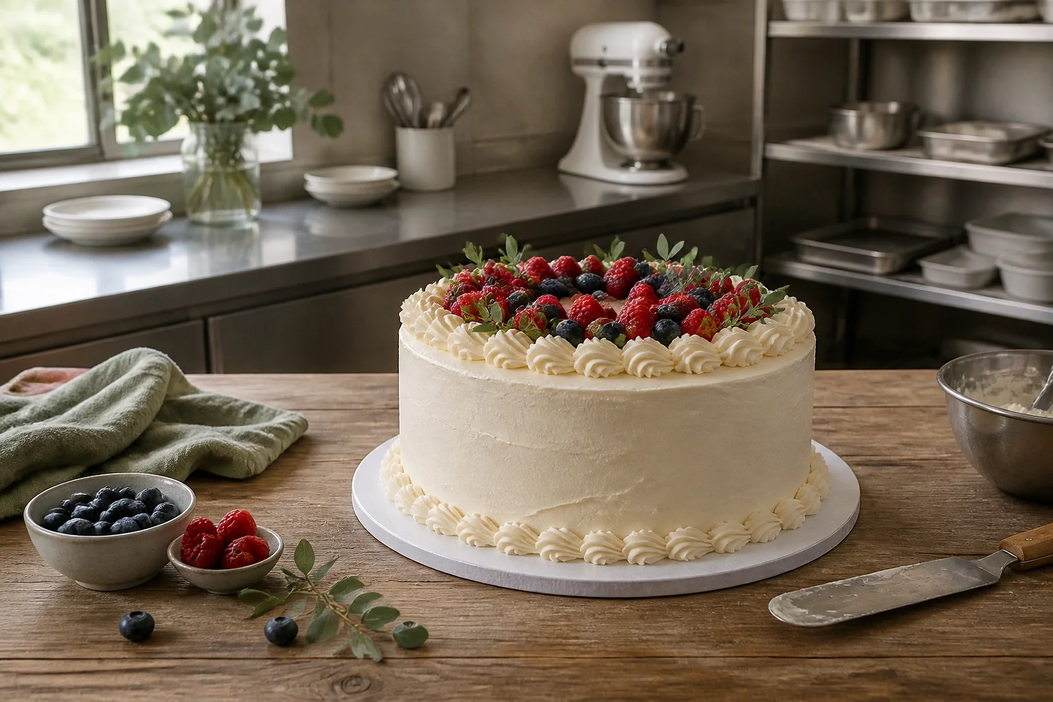Gâteau de mariage préparé dans un atelier — illustration générée par IA