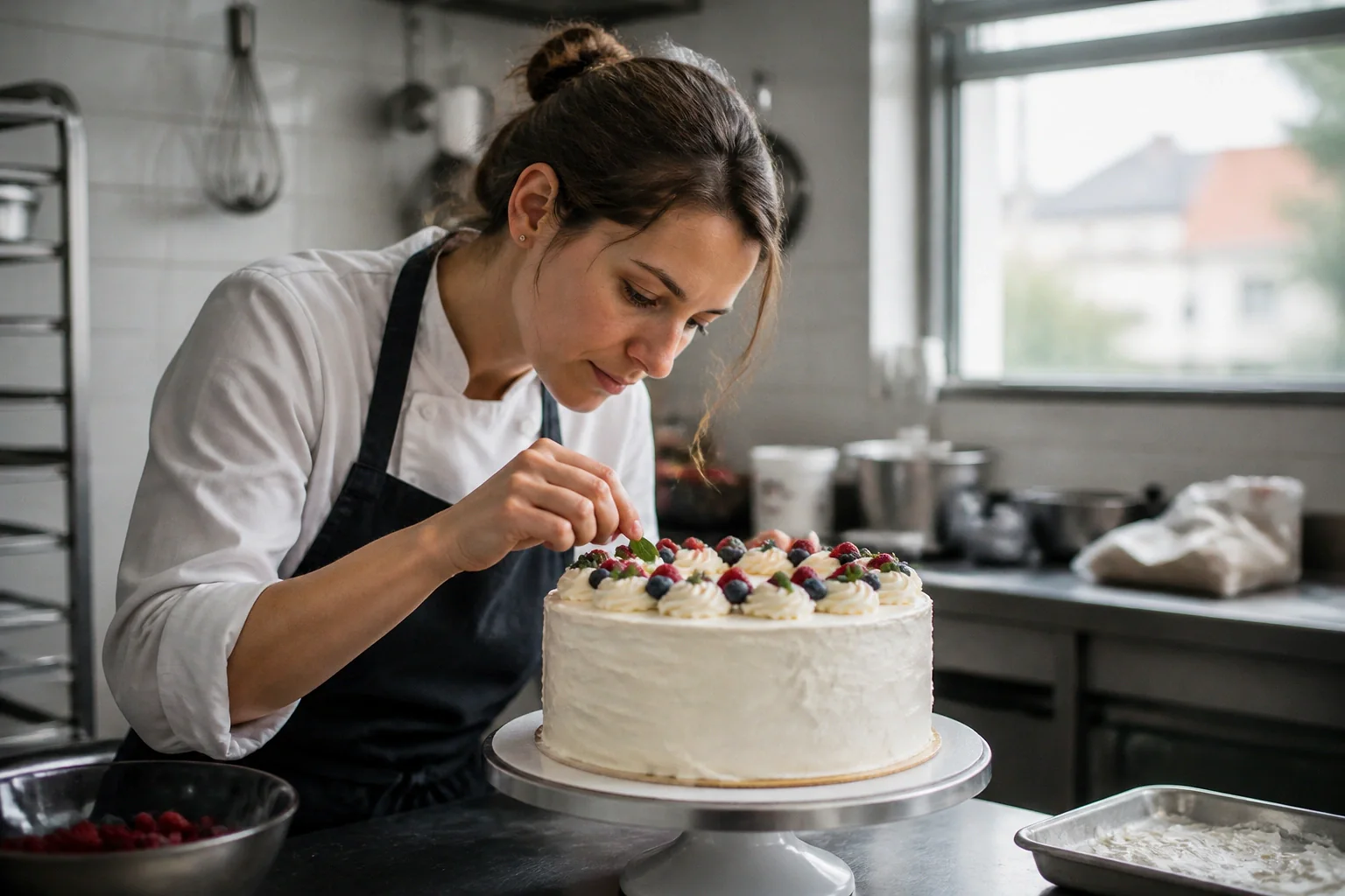 Gâteau de mariage préparé dans un atelier — illustration générée par IA