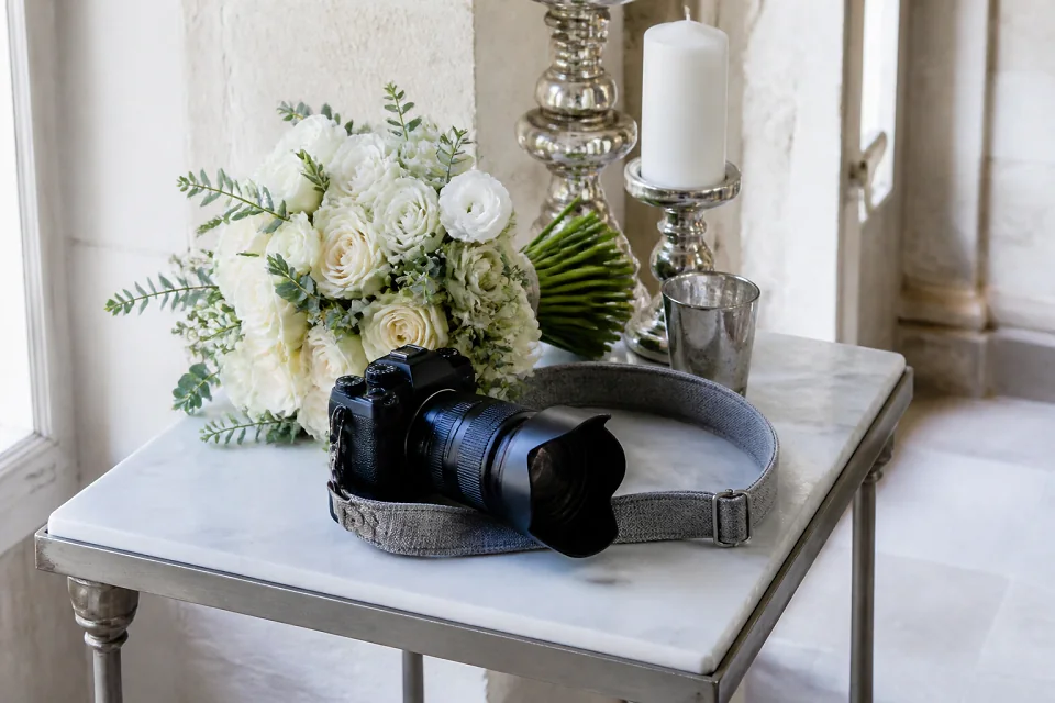Appareil photo et accessoires de reportage de mariage — illustration générée par IA