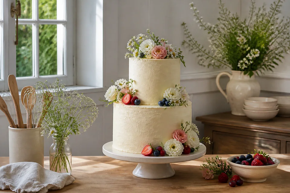 Gâteau de mariage préparé dans un atelier — illustration générée par IA