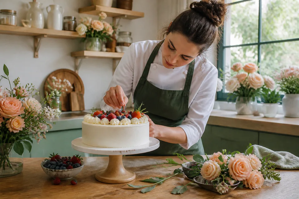 Gâteau de mariage préparé dans un atelier — illustration générée par IA