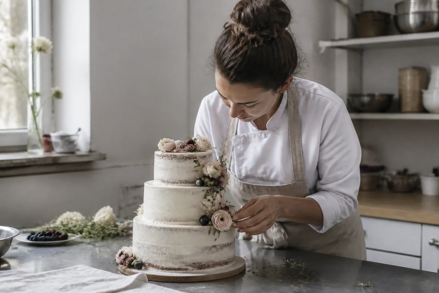Gâteau de mariage préparé dans un atelier — illustration générée par IA