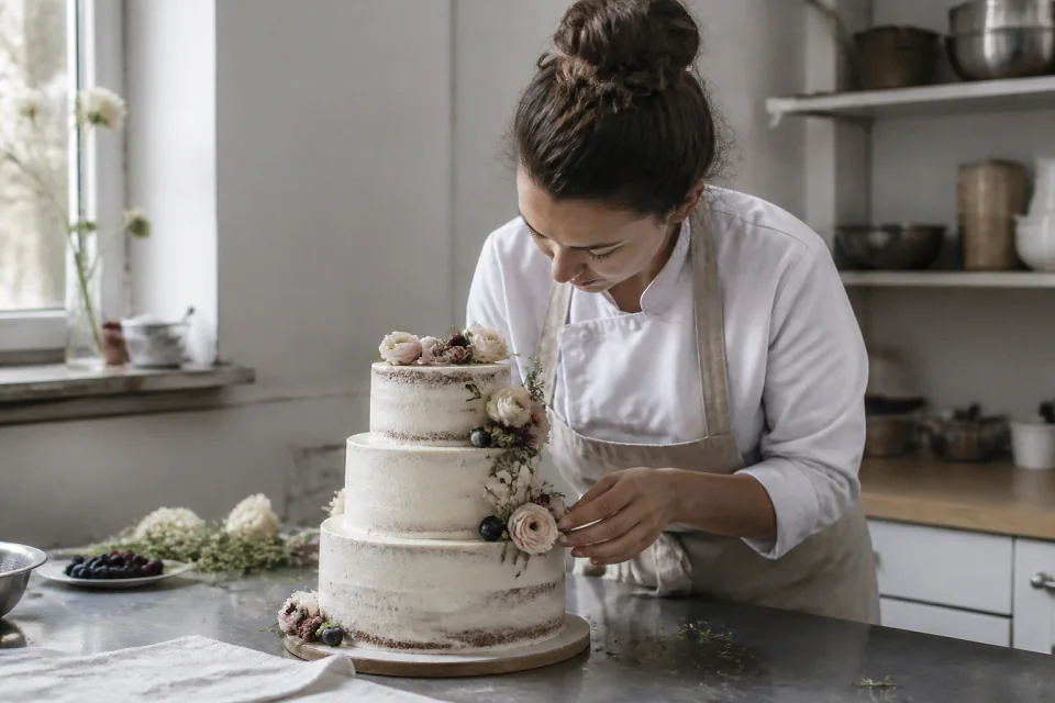 Gâteau de mariage préparé dans un atelier — illustration générée par IA