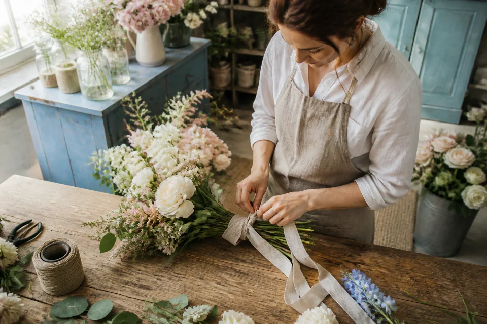 Préparation florale pour un mariage — illustration générée par IA