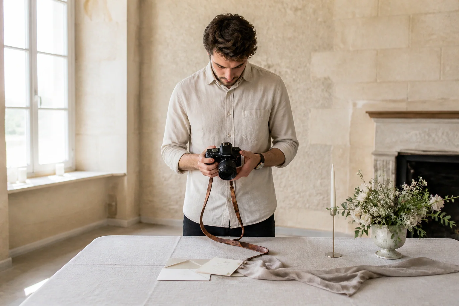 Appareil photo et accessoires de reportage de mariage — illustration générée par IA
