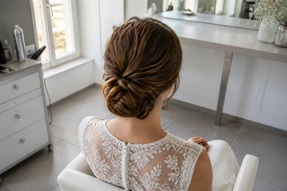 Coiffure de cérémonie vue pendant la préparation — illustration générée par IA