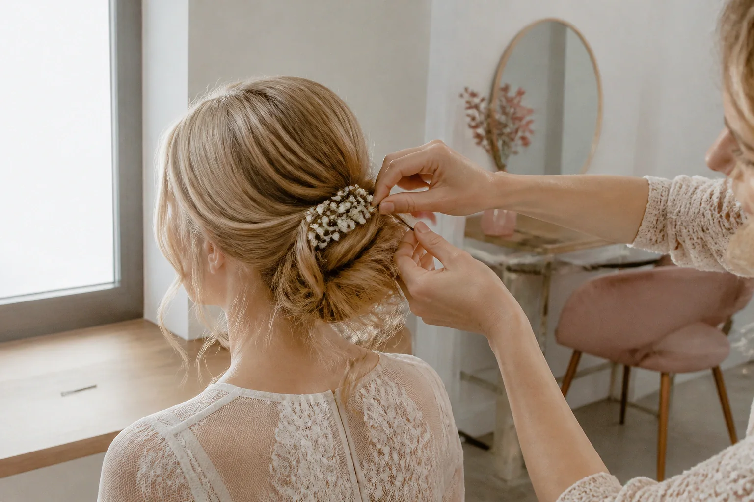 Coiffure de cérémonie vue pendant la préparation — illustration générée par IA