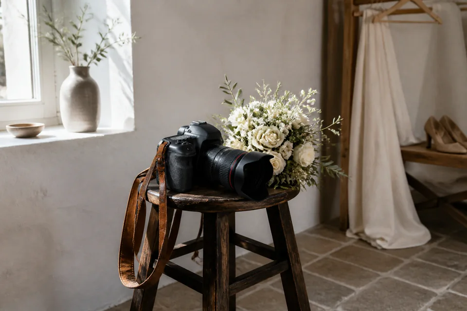 Appareil photo et accessoires de reportage de mariage — illustration générée par IA