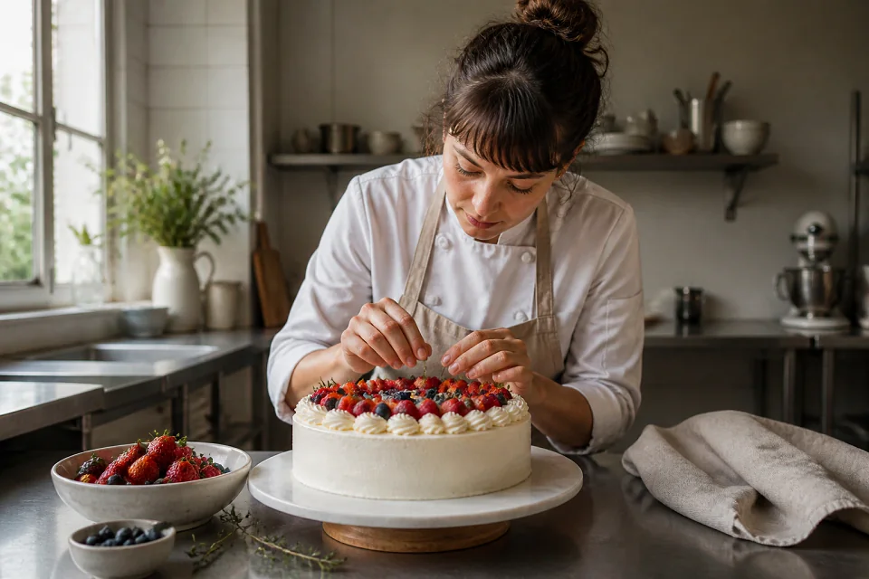 Gâteau de mariage préparé dans un atelier — illustration générée par IA