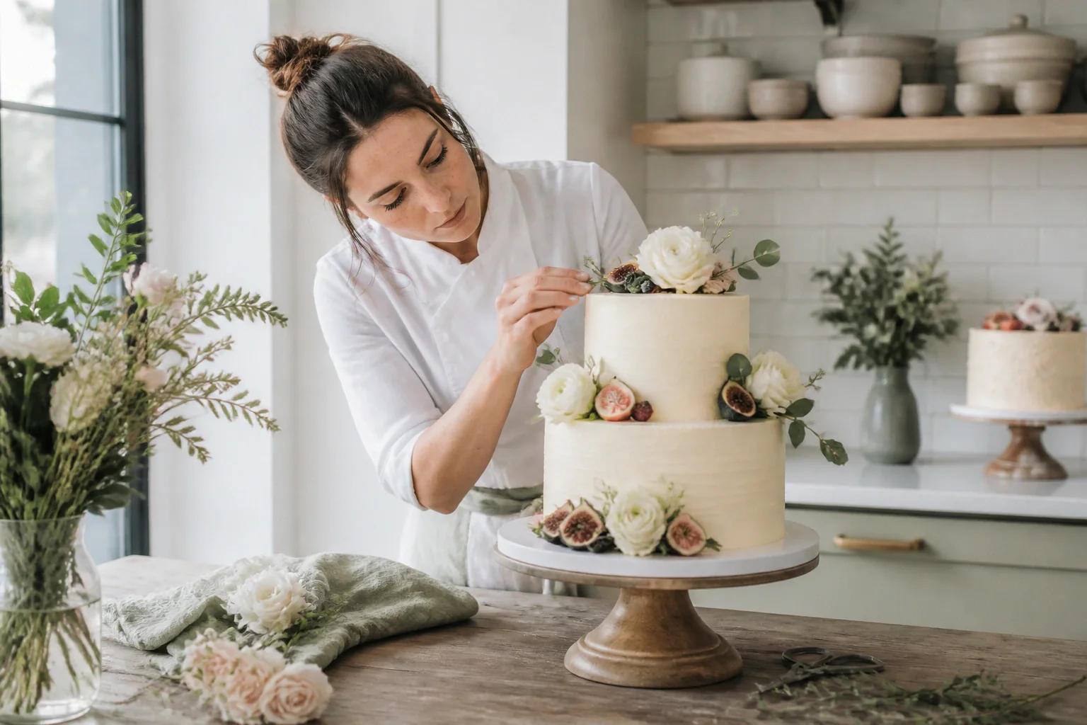 Gâteau de mariage préparé dans un atelier — illustration générée par IA