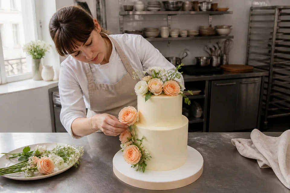 Gâteau de mariage préparé dans un atelier — illustration générée par IA
