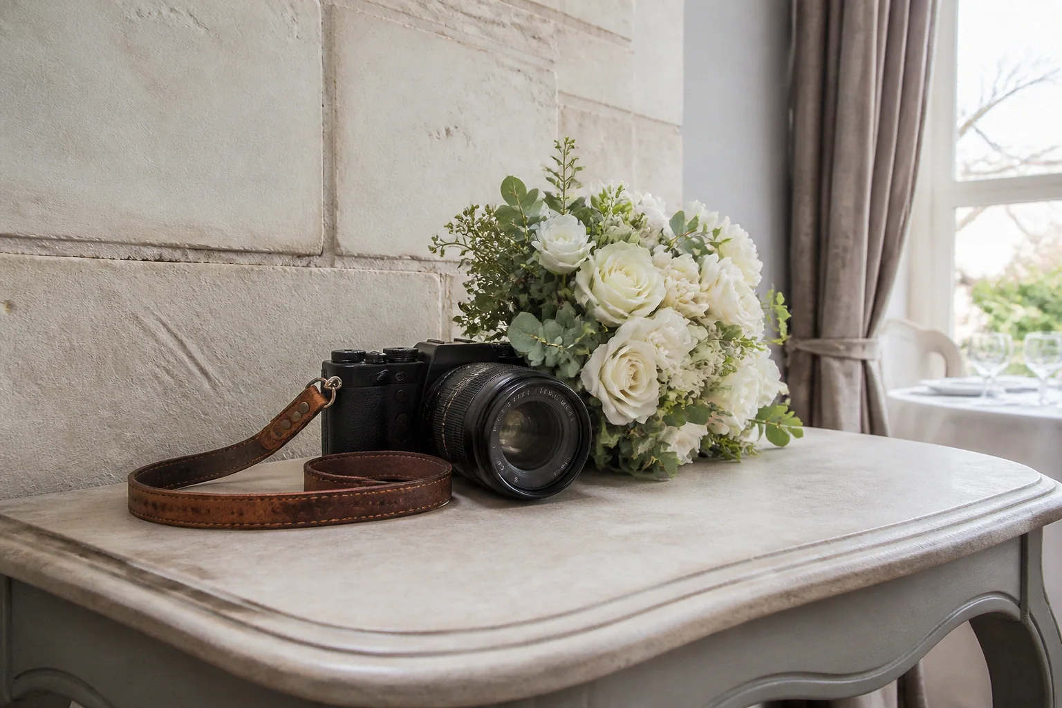 Appareil photo et accessoires de reportage de mariage — illustration générée par IA