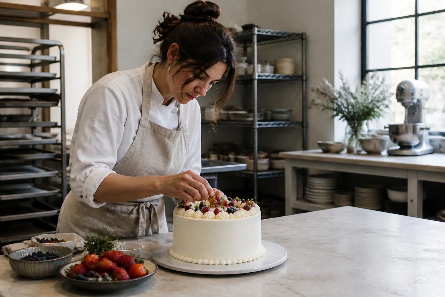 Gâteau de mariage préparé dans un atelier — illustration générée par IA