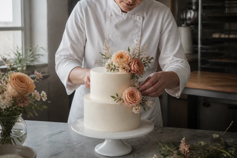 Gâteau de mariage préparé dans un atelier — illustration générée par IA