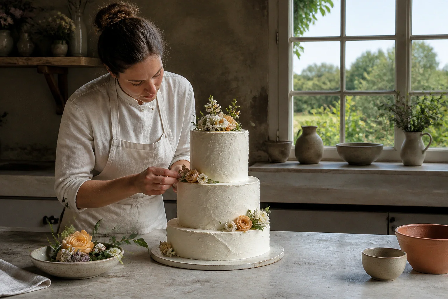 Gâteau de mariage préparé dans un atelier — illustration générée par IA