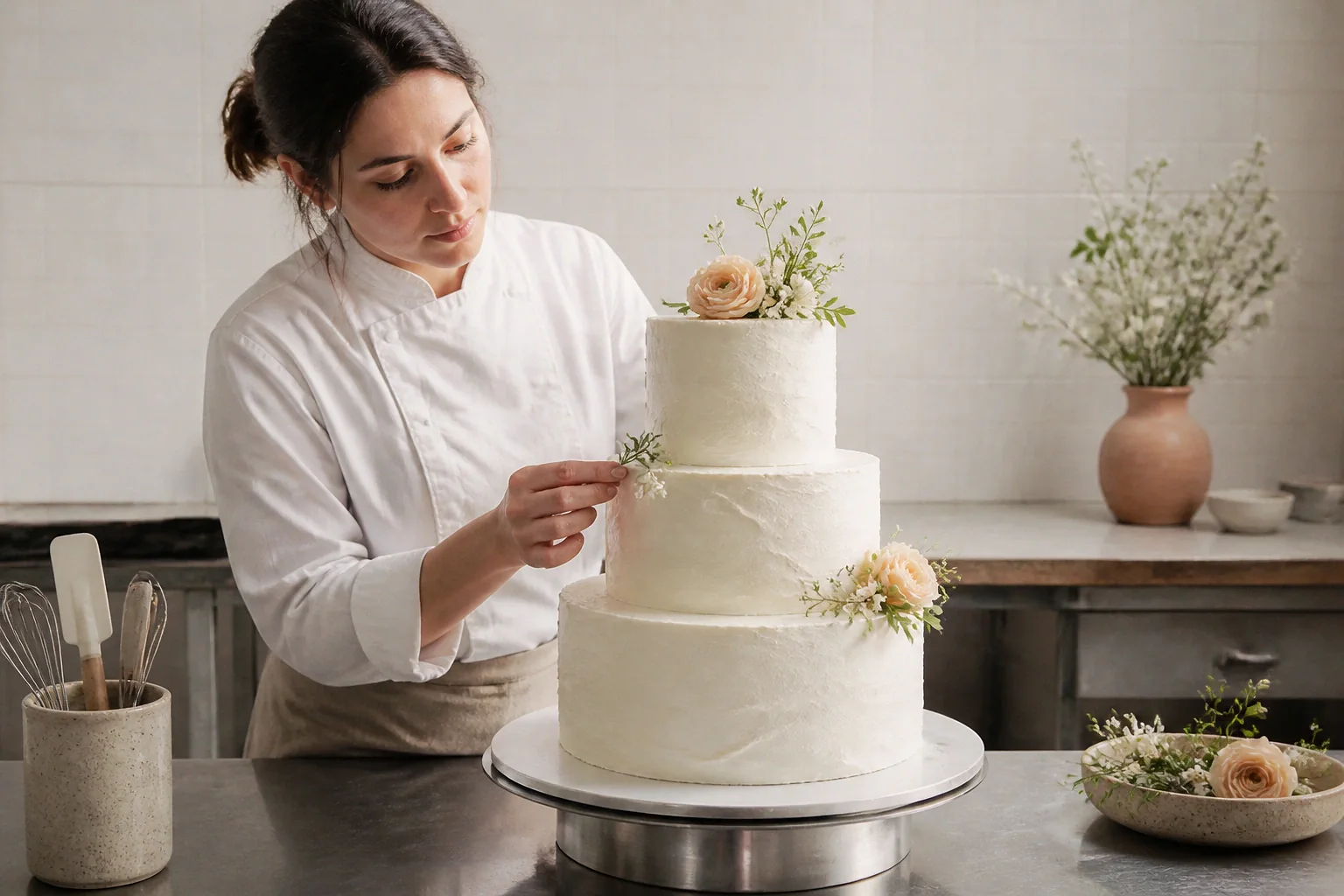 Gâteau de mariage préparé dans un atelier — illustration générée par IA