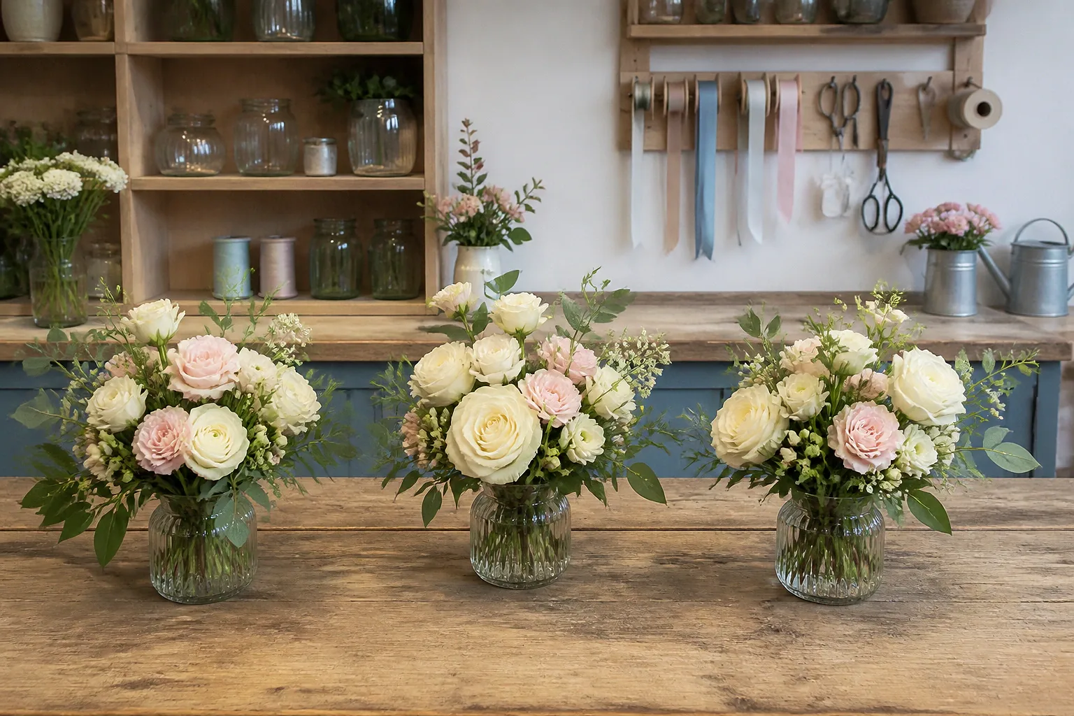 Préparation florale pour un mariage — illustration générée par IA