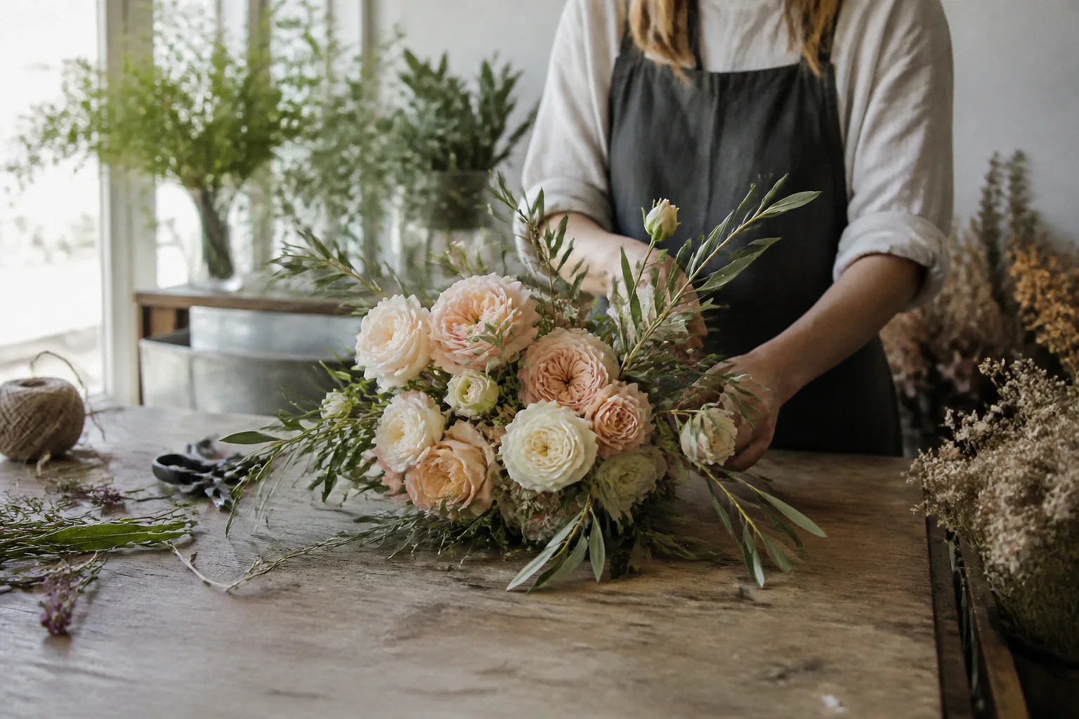 Préparation florale pour un mariage — illustration générée par IA