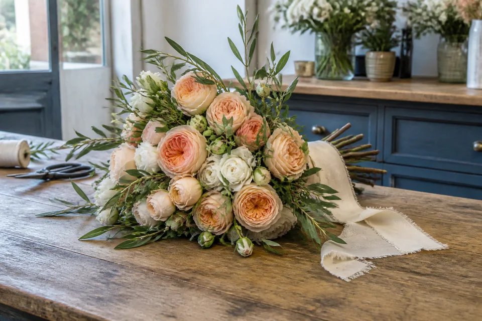 Préparation florale pour un mariage — illustration générée par IA