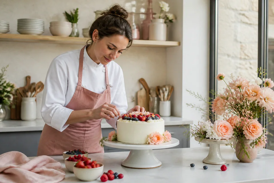 Gâteau de mariage préparé dans un atelier — illustration générée par IA