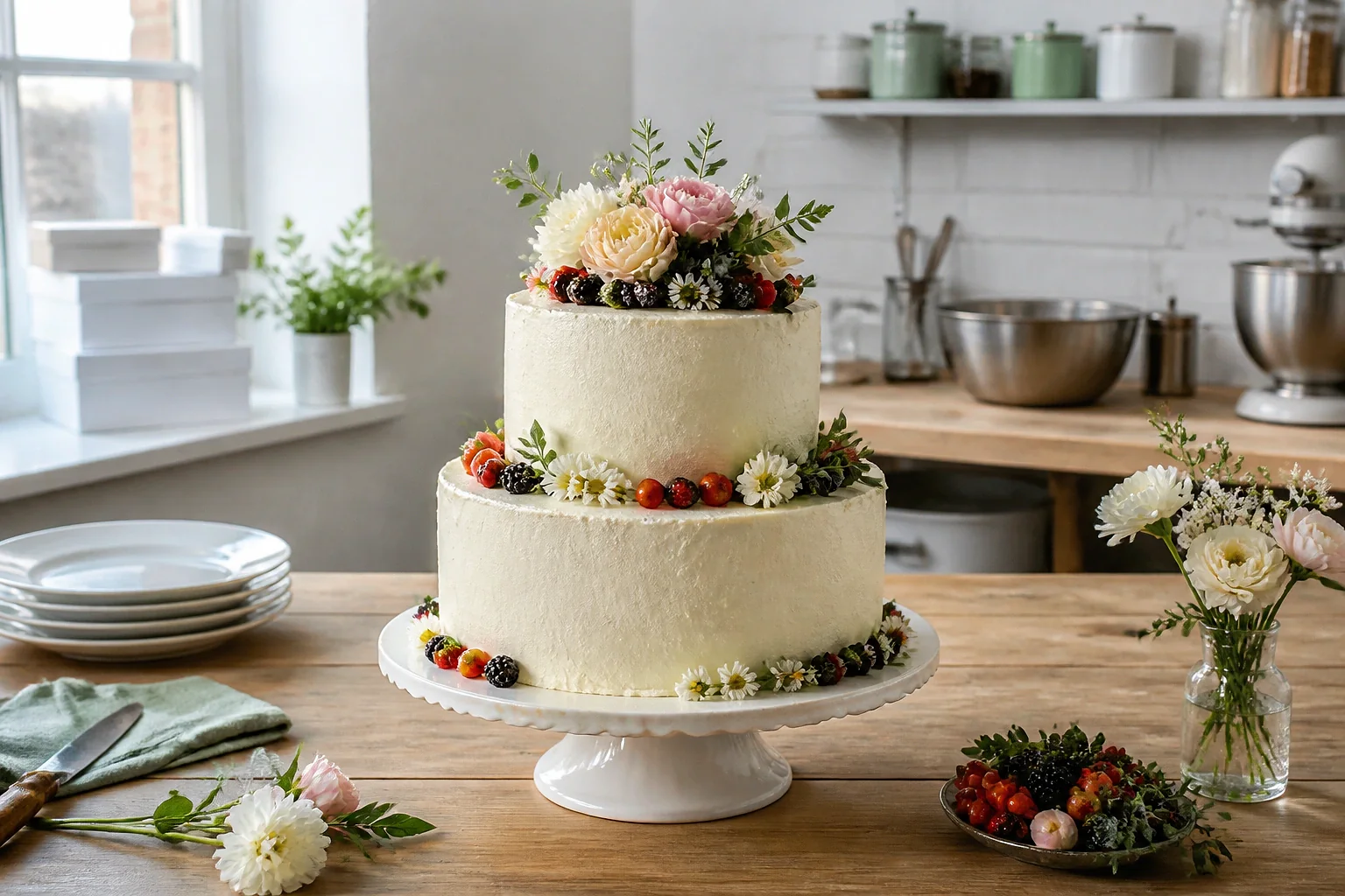 Gâteau de mariage préparé dans un atelier — illustration générée par IA