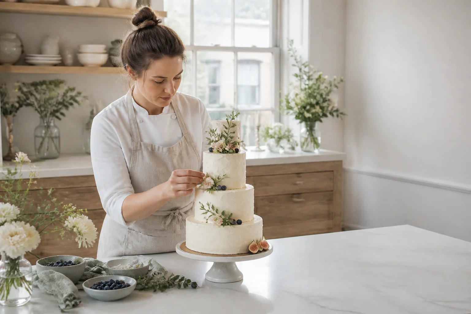 Gâteau de mariage préparé dans un atelier — illustration générée par IA