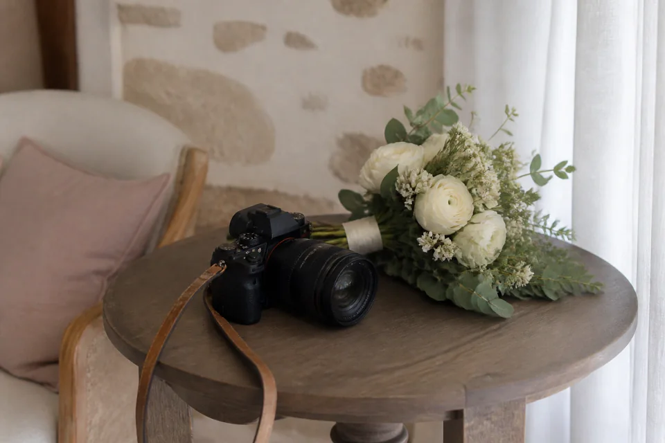 Appareil photo et accessoires de reportage de mariage — illustration générée par IA