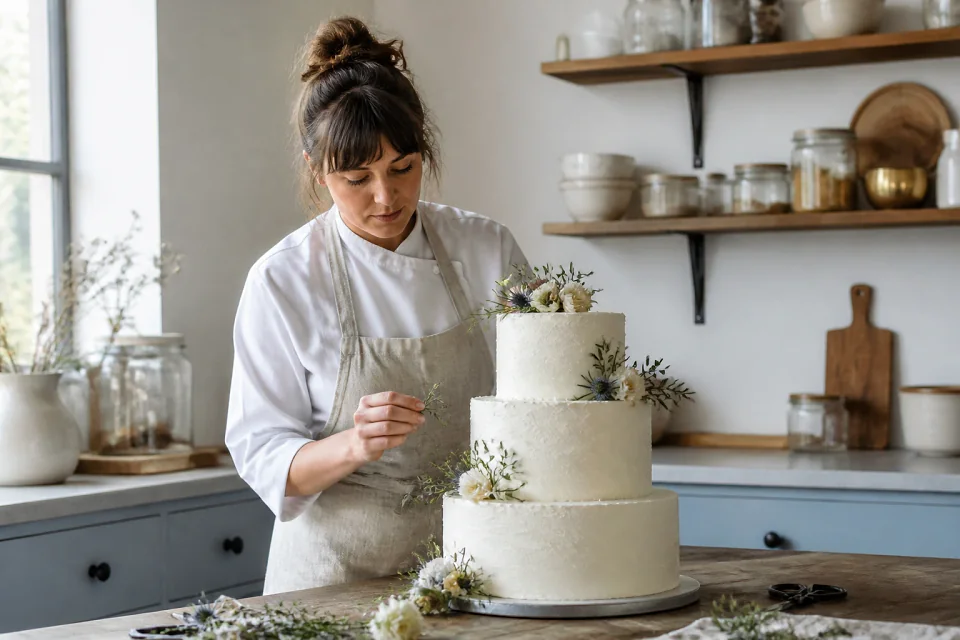 Gâteau de mariage préparé dans un atelier — illustration générée par IA