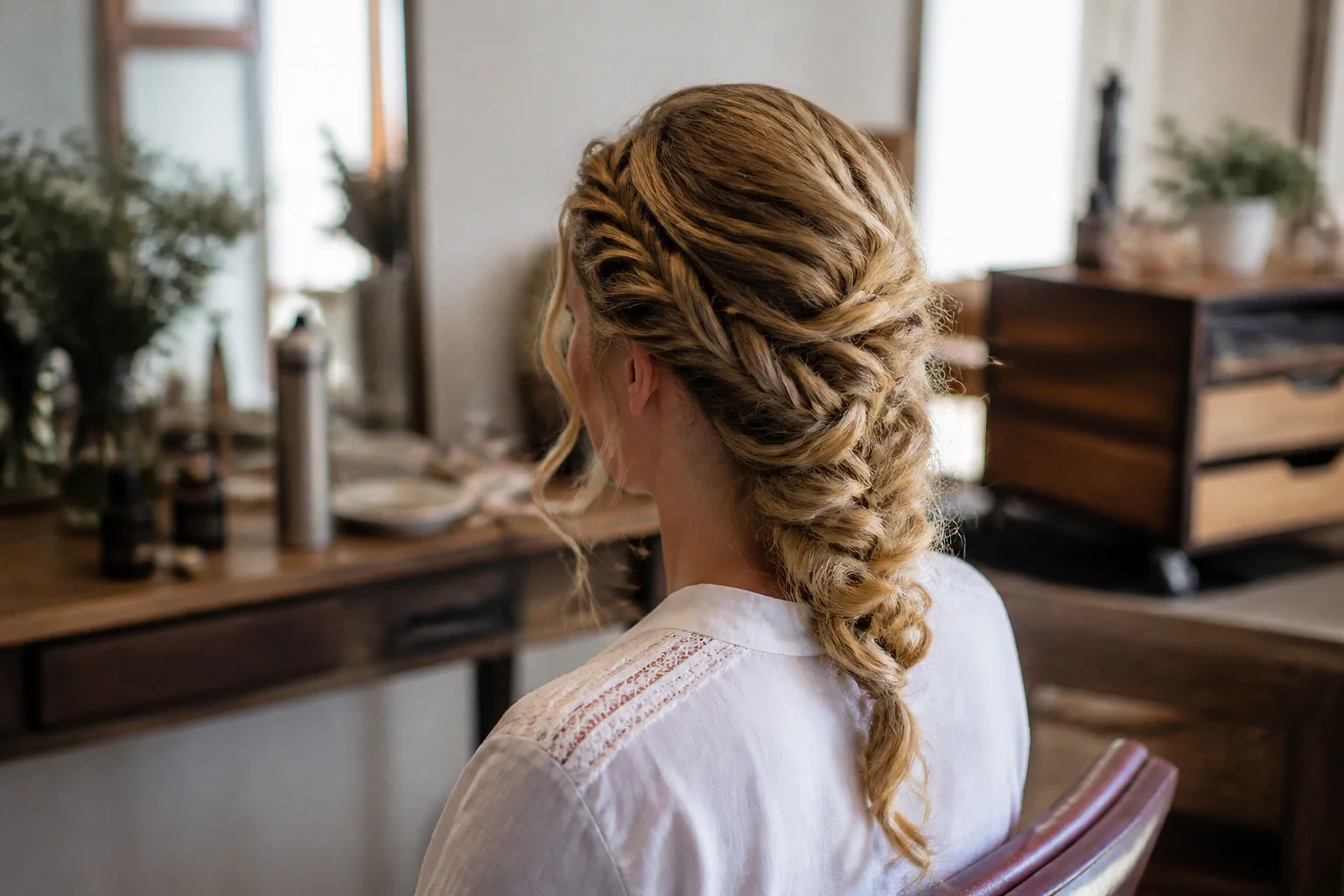 Coiffure de cérémonie vue pendant la préparation — illustration générée par IA