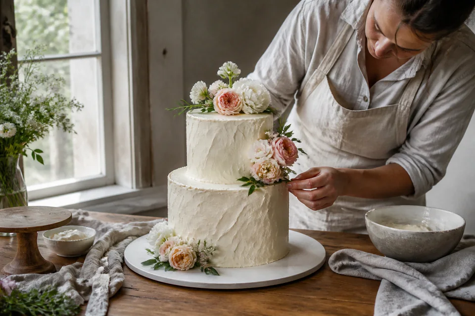 Gâteau de mariage préparé dans un atelier — illustration générée par IA