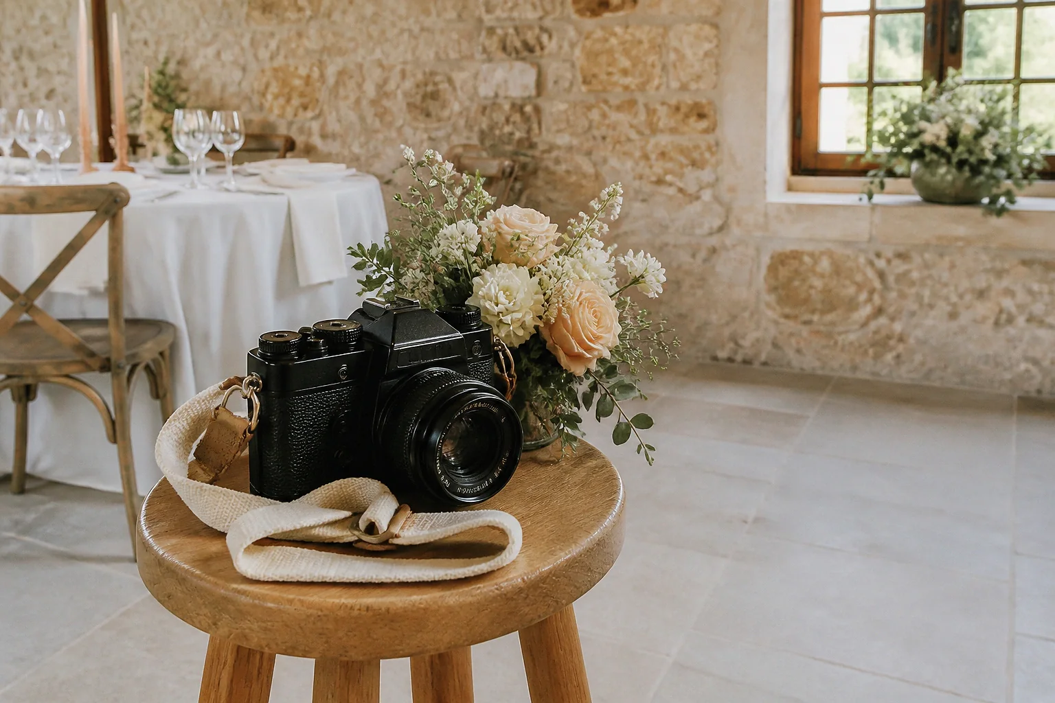 Appareil photo et accessoires de reportage de mariage — illustration générée par IA