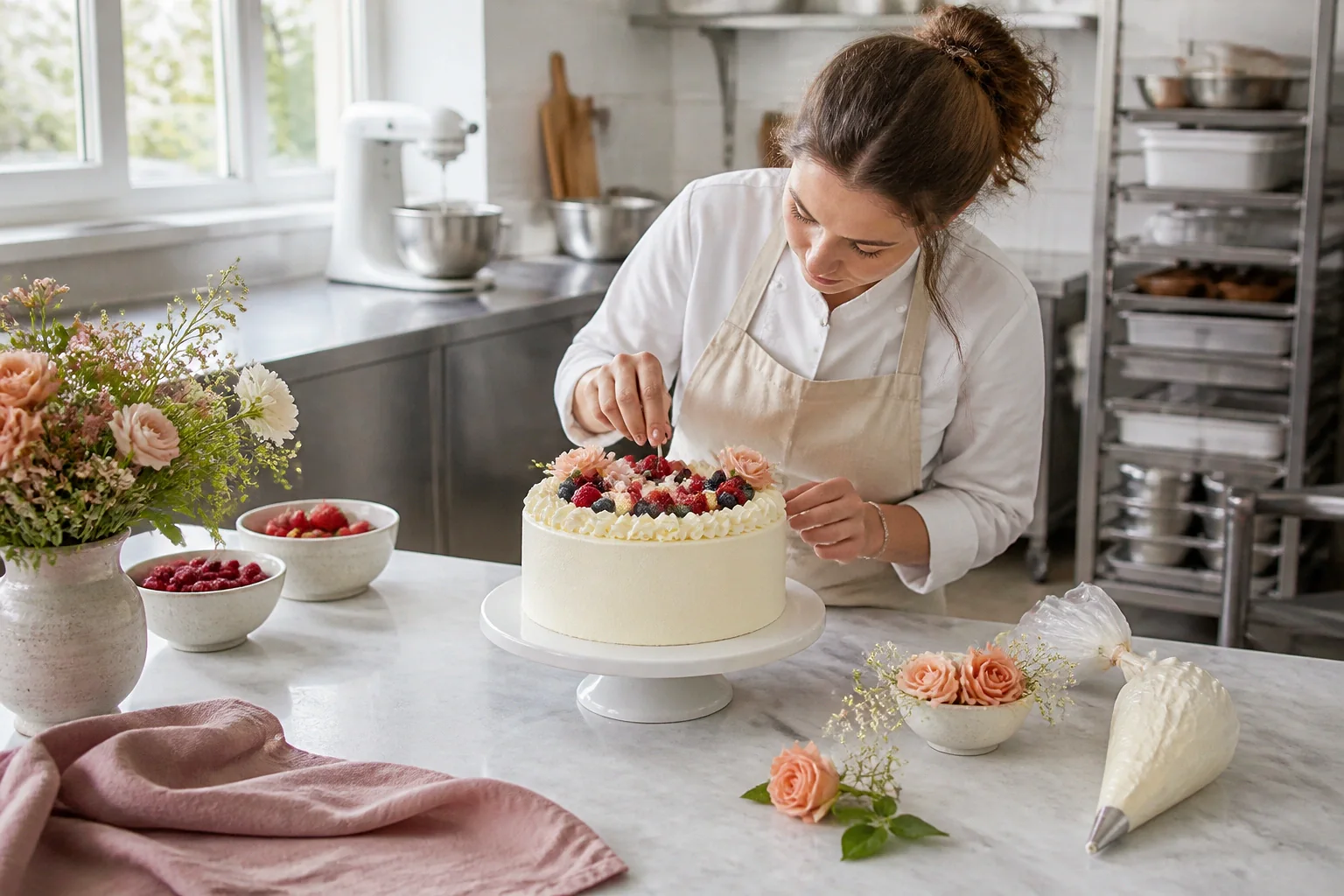 Gâteau de mariage préparé dans un atelier — illustration générée par IA