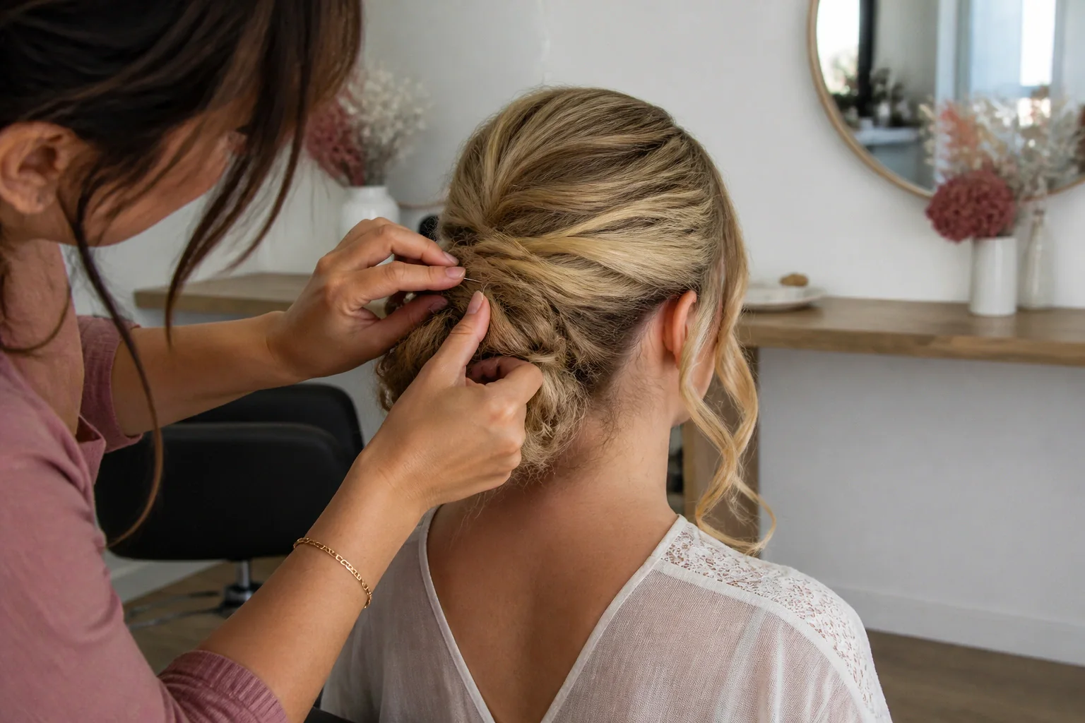 Coiffure de cérémonie vue pendant la préparation — illustration générée par IA