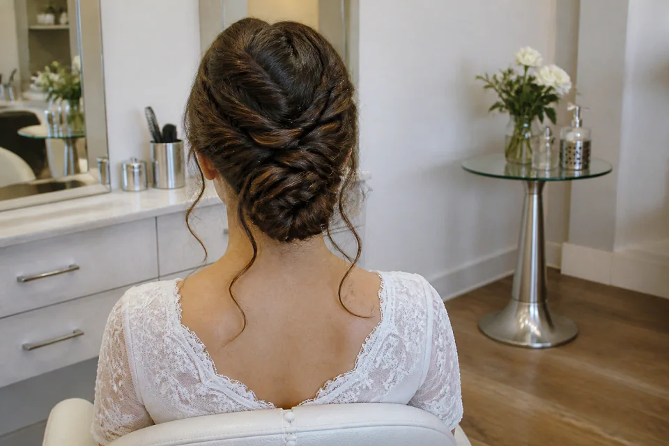 Coiffure de cérémonie vue pendant la préparation — illustration générée par IA